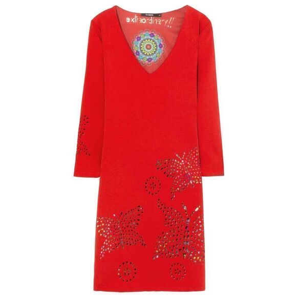 Desigual Butterfly Laser Cut C-Neck 3/4 Sleeve Dominique Midi Shift Dress Red Sm - Picture 1 of 15